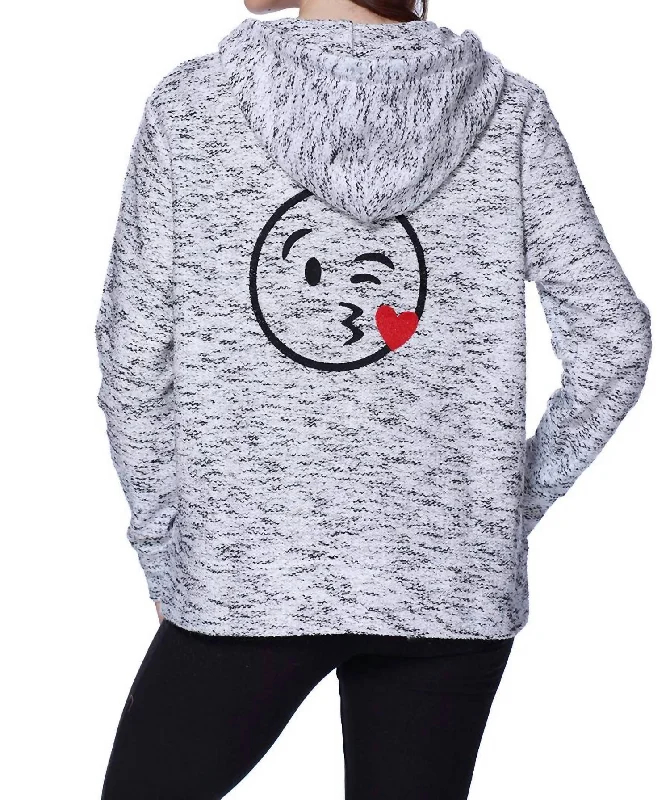 Women's Short Sleeve SweatersKiss Emoji Hooded Cardigan In Black White