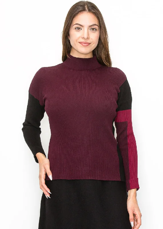 Women's Fisherman's SweatersBurgundy Sweater with Color Block Sleeves