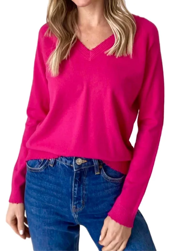 Women's Rounded Collar SweatersDistressed Hem Vneck Sweater In Hot Pink