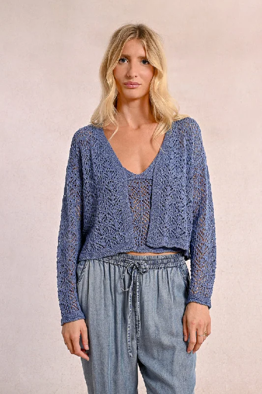 Women's U-Shaped Collar SweatersMolly Bracken Openwork Denim Blue Knitted Cardigan