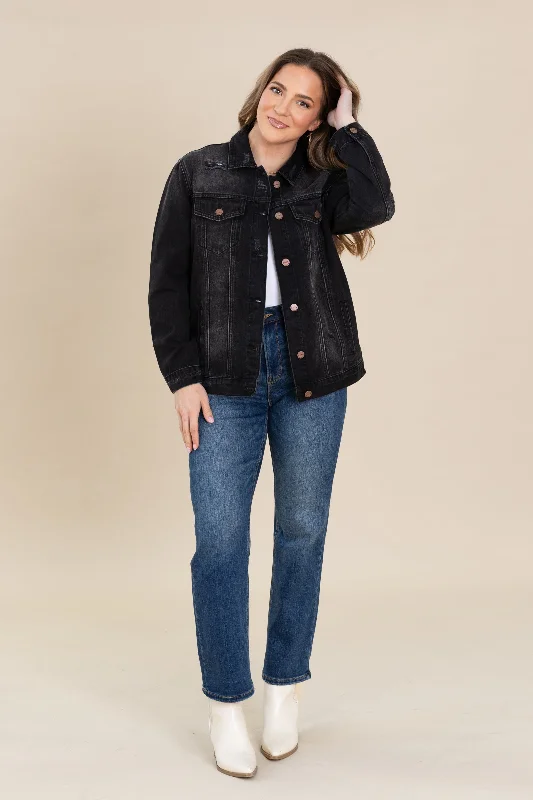 Women's Coats with Fur Trimmed SleevesRisen Black Distressed Denim Jacket