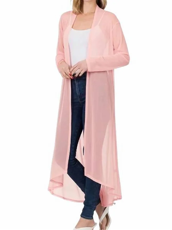 Women's Greek Wool SweatersMesh Long Open Front Cardigan In Dusty Pink