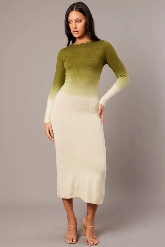 Women's Frilled SweatersGreen Print Knit Dress Long Sleeve Maxi