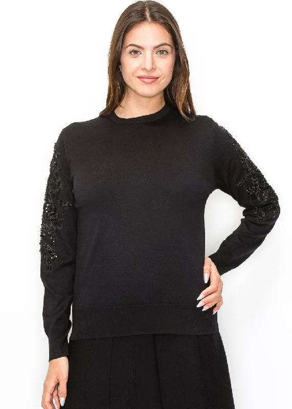 Women's Peter Pan Collar SweatersBlack Sweater with Embellished Sleeves