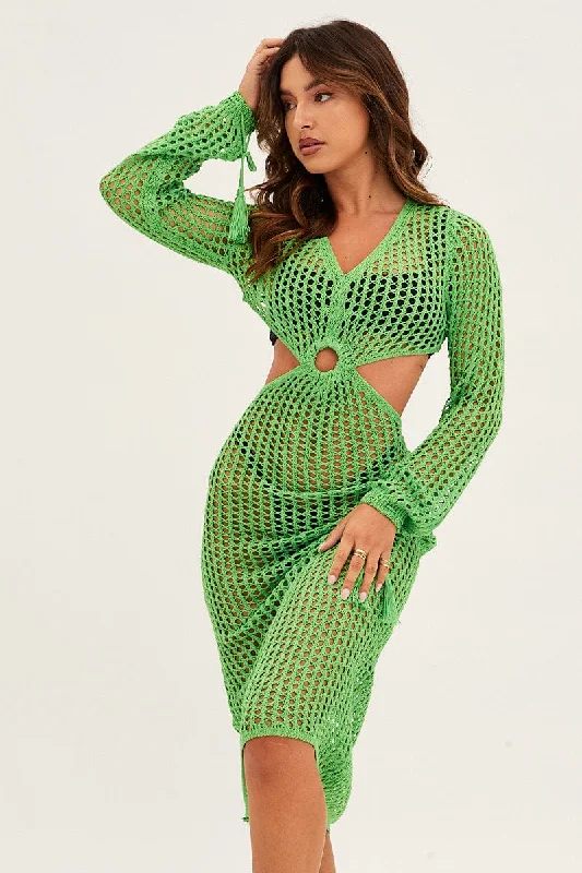 Women's Cap Sleeve SweatersGreen Crochet Cutout Knit Dress