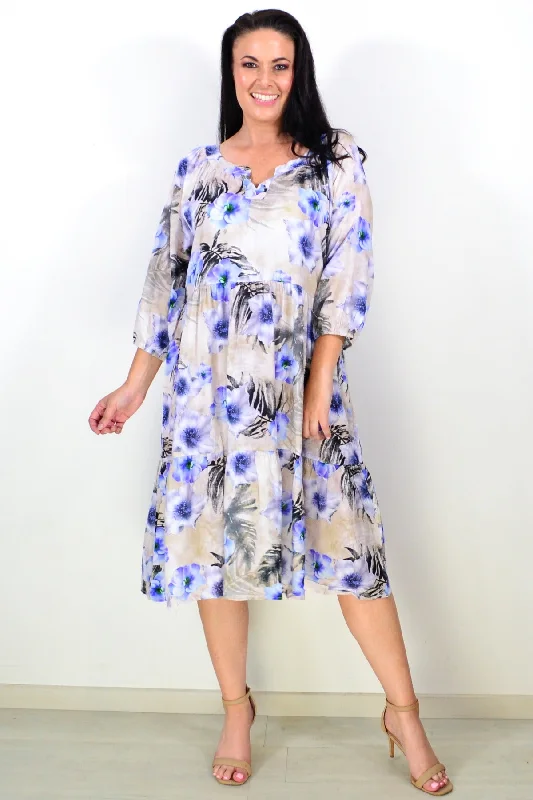 Women's PeacoatsBeige Blue Floral Midi Tunic Dress