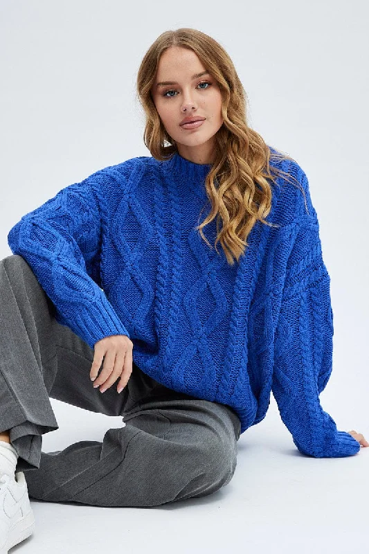 Women's Icelandic Wool SweatersBlue Oversized Knit Long Sleeve Cable