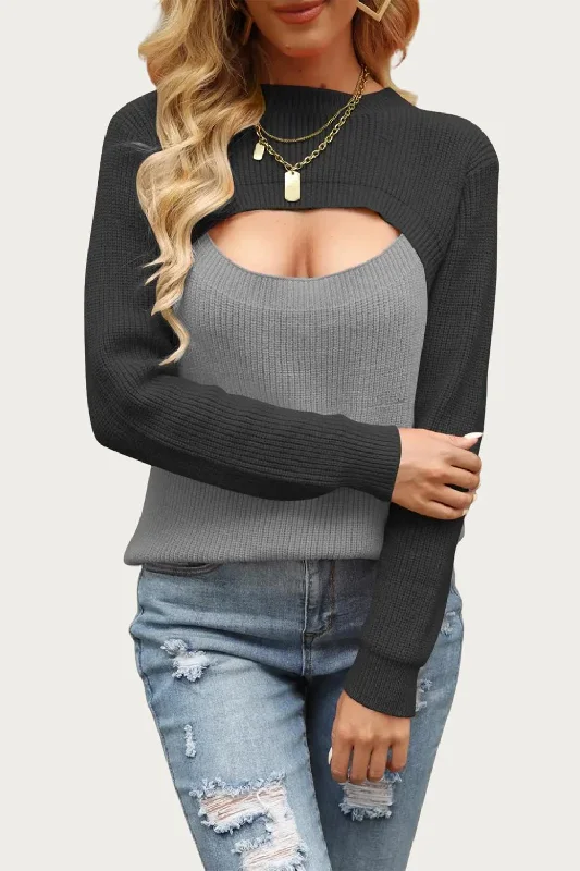 Women's Hooded SweatersTwo-Tone Colorblock Cutout Sweater In Dark Grey