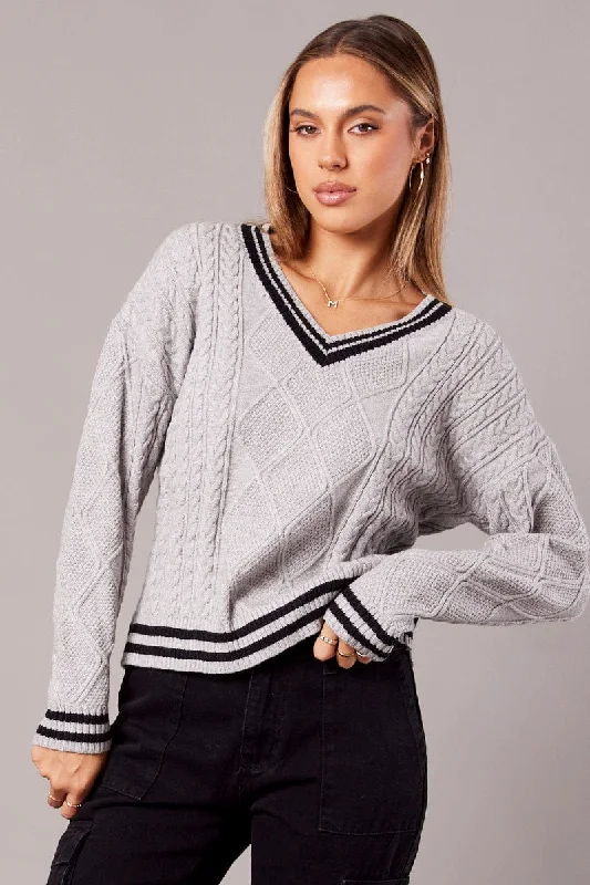 Women's Crop SweatersGrey Knit Top Long Sleeve V-Neck Cable