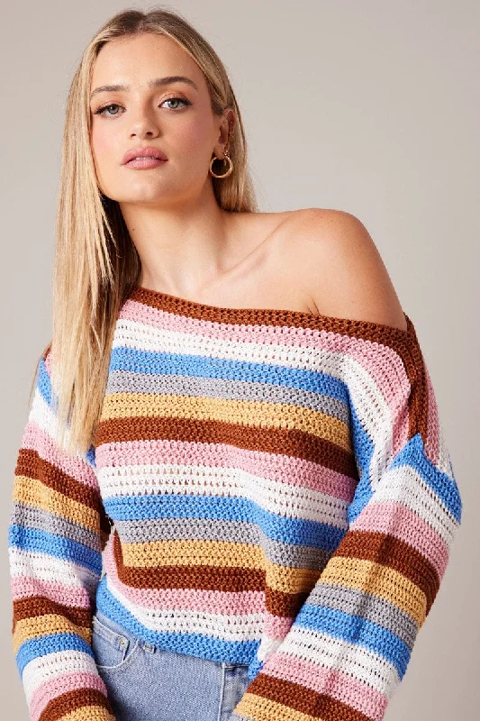 Women's Narrow Collar SweatersMulti Stripe Knit Jumper