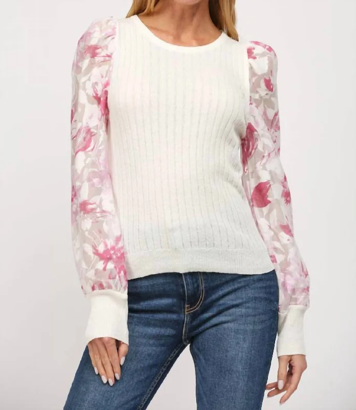 Women's Collarless Design SweatersFloral Print Organza Sleeve Cable Knit Sweater In Cream Pink