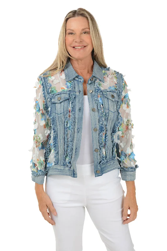 Women's Coats with Fur Trimmed ButtonsBlue Flower Petal Sheer Denim Jacket