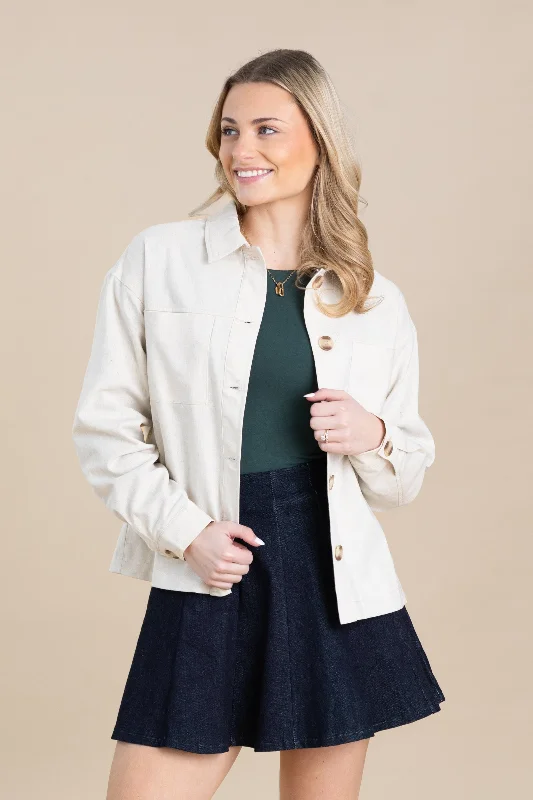 Women's Coats with Fur TrimmedBeige Linen Front Pockets Jacket