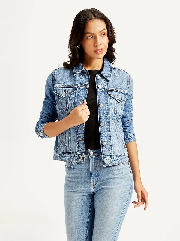 Women's Denim CoatsWomen's Solid Blue Spread Collar Jacket