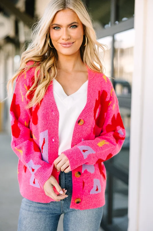 Women's Coats with Fur Trimmed ZipperTake One Hot Pink Floral Cardigan