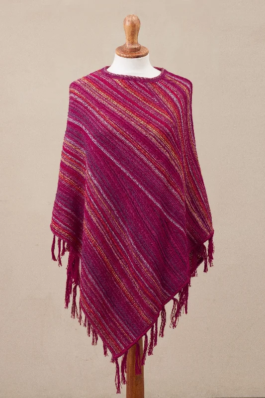 Women's Sweetheart Collar SweatersFestive Flair 100% Alpaca Knit Poncho Fuchsia with Stripes and Tassels