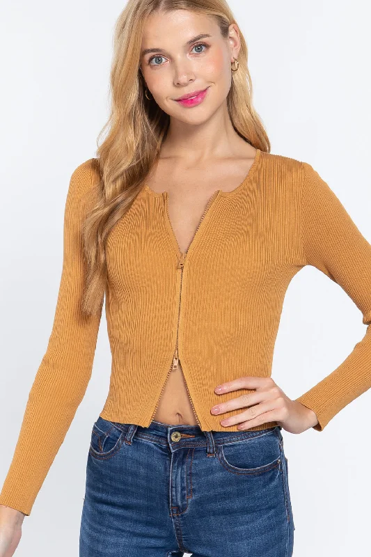 Women's Rounded Collar SweatersRib Sweater Top W/front Zipper