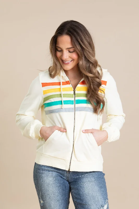 Women's Coats with Fur Trimmed HoodCream Multicolor Stripe Patch Hoodie Jacket