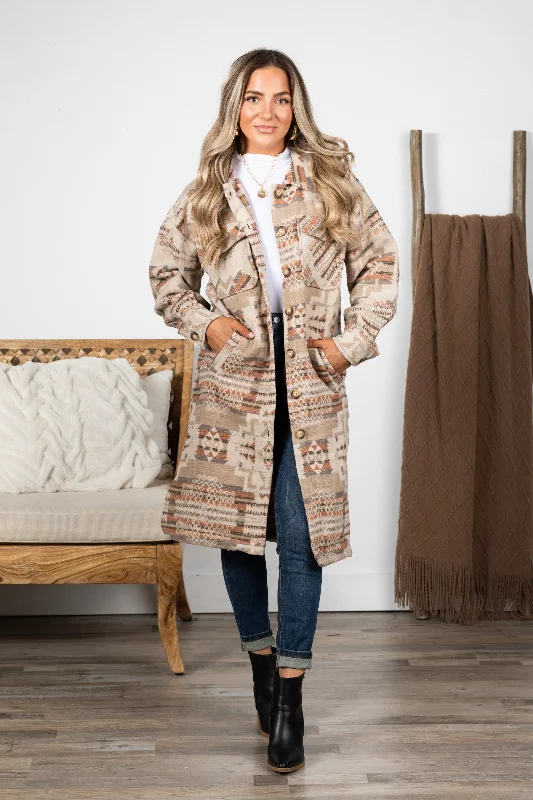 Women's Coats with CollarAztec And Plaid Printed Shacket Coat