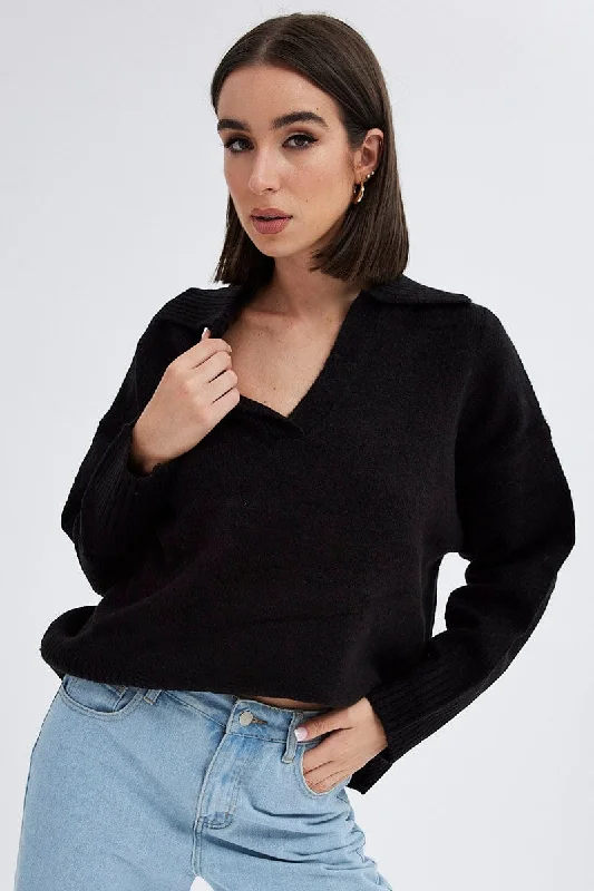 Women's High Collar SweatersBlack Collar Knit Jumper Stripe