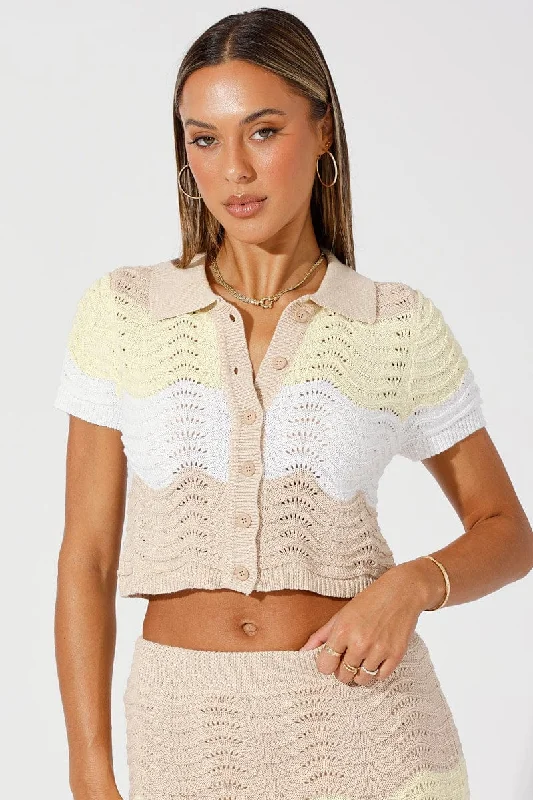 Women's Square CollBeige Stripe Crochet Knit Top Collared