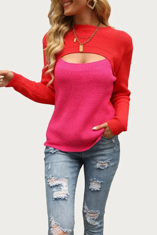 Women's Blended Wool SweatersTwo-Tone Colorblock Cutout Sweater In Red/hot Pink