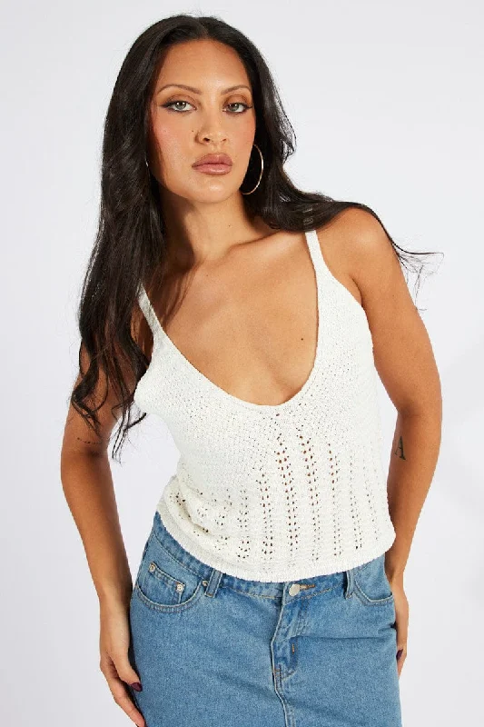 Women's Shawl Collar SweatersWhite Crochet Knit Top Sleeveless V Neck