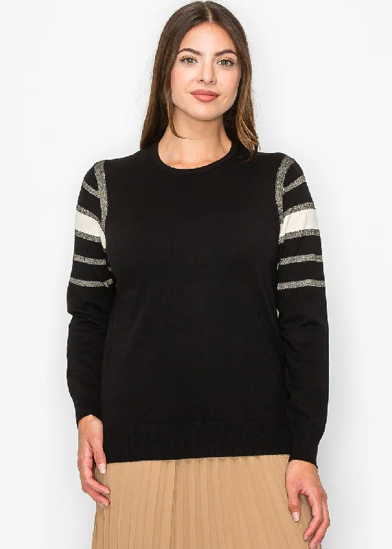 Women's Fine Gauge SweatersBlack Sweater with Metallic Stripe Accents