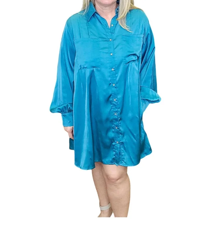 Women's Fit and Flare DressesElectric Touch Satin Button Down Dress In Teal