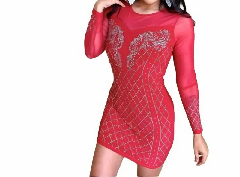 Women's Collarless DressesEmbellished With Rhinestones Dress In Red