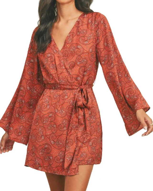 Women's Gathered DressesFall Paisley Kimono Dress In Rust