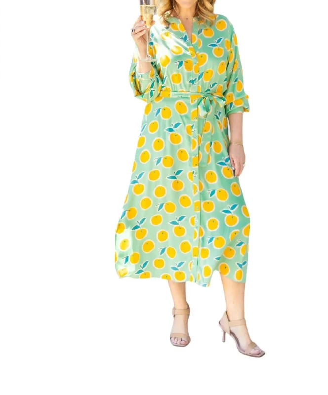 Women's Square Collar DressesLemon Print Dress In Green/yellow