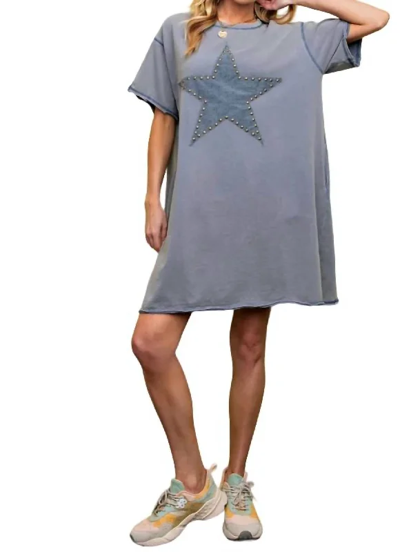 Women's Sweetheart-Neck DressesLucky Star Patch T-Shirt Dress In Washed Denim