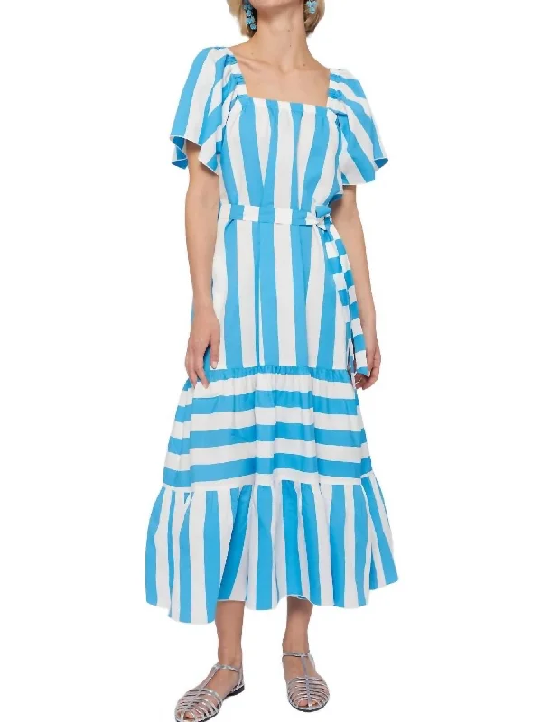 Women's Mandarin Collar DressesPalmira Stripes Dress In Turquoise