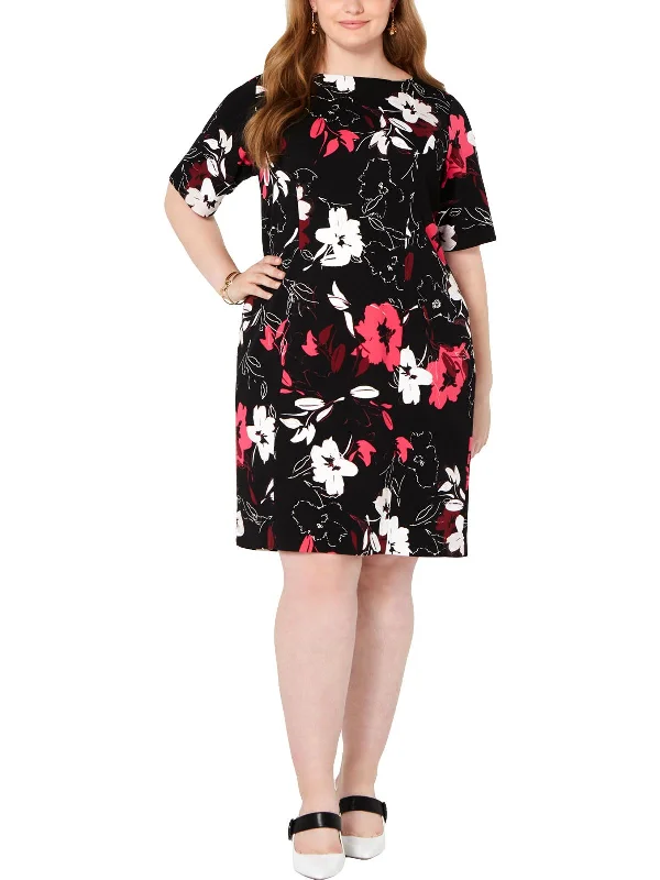 Women's Short-Sleeve DressesPlus Womens Knit Floral Print Sheath Dress