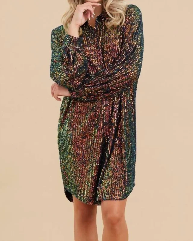 Women's Cap-Sleeve DressesShimmering Splendor Sequin Shirt Dress In Black Multi