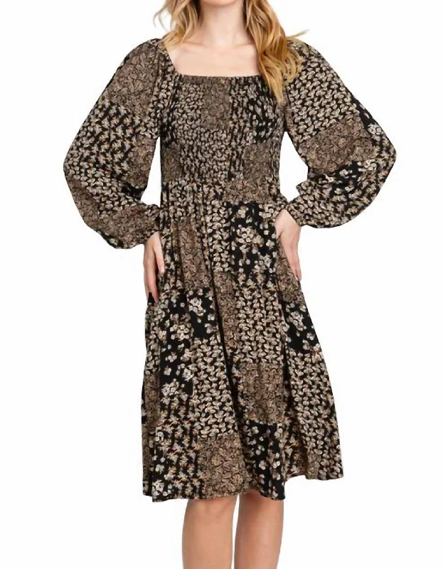 Women's Flared DressesSmocked Floral Long Sleeve Dress In Black/brown