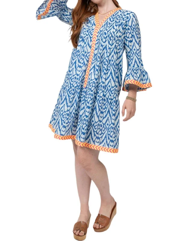 Women's Square-Neck DressesTrim Dress In Blue Ikat With Neon