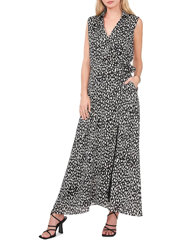 Women's Low Collar DressesWomens Polka-Dot Long Wrap Dress