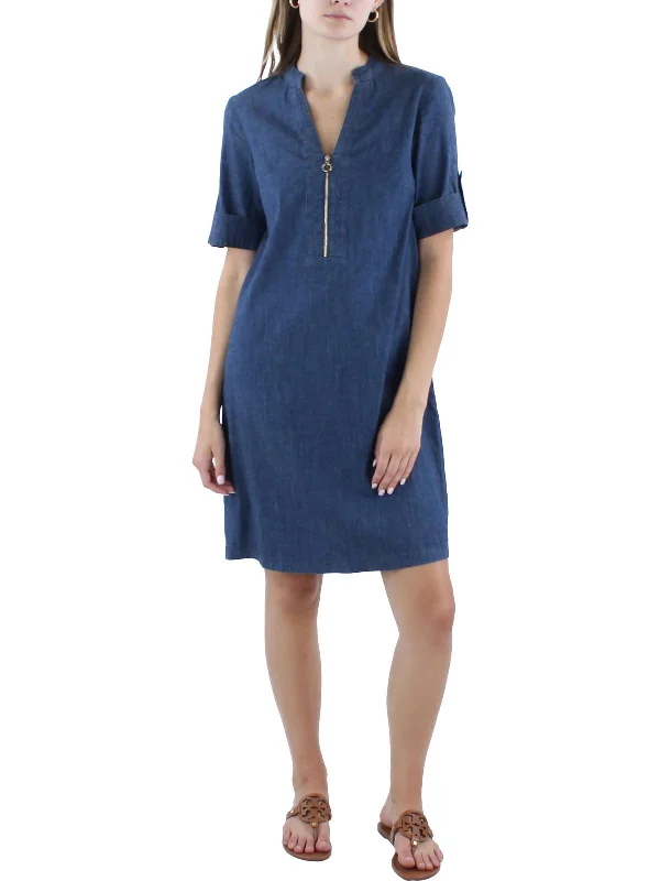 Women's Sweetheart-Neck DressesWomens Zipper Denim Shift Dress